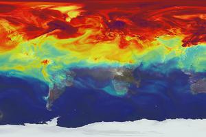 A computer simulation of carbon dioxide movement in the atmosphere.