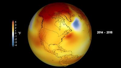 Temperature anomalies from 2014-2018, in degrees Fahrenheit. Meltwater from Greenland has created a pocket of cold, fresh water (seen in blue) in the northern Atlantic Ocean, which scientists say could disrupt global ocean circulation.