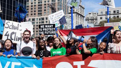 Xiye Bastida Patrick (third from right, with megaphone) and other youth activists in New York in September.