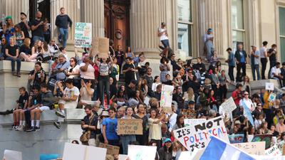 Thousands of New York City students gather in Lower Manhattan to demand action on climate change in September 2019.