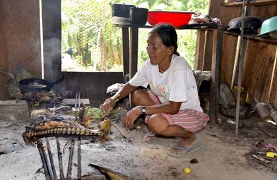 An Indigenous Chiman woman who lives along the Beni River cooks fish.