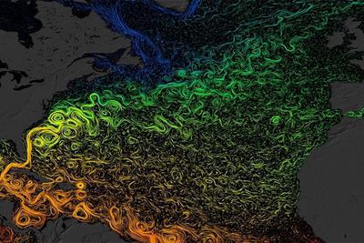 Ocean currents in the North Atlantic. Warmer colors indicate higher temperatures.