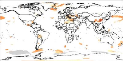 In colored regions, warming has sped up. Darker colors indicate greater acceleration.