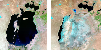 Satellite images of the Aral Sea in 1987 (left) 2024 (right).
