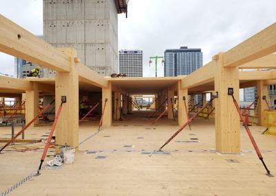 Laminated timber beams and floors used in the construction of Ascent, a 25-story apartment building in Milwaukee.