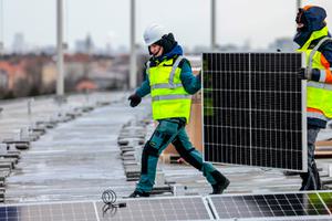 A solar array being installed on the roof of Olympic Stadium in Berlin.