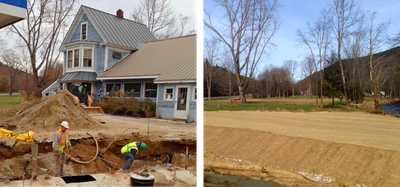 Left: A gas station in Bridgewater, Vermont, is removed after being damaged in Hurricane Irene. Right: The site of the gas station after the floodplain is restored.