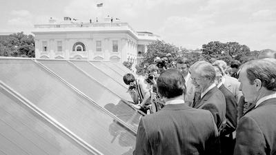 Carter at the dedication of a new solar water heating system on the White House roof on June 20, 1979.