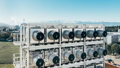 A direct air capture facility in Zurich, created by the Swiss-based technology company ClimeWorks.