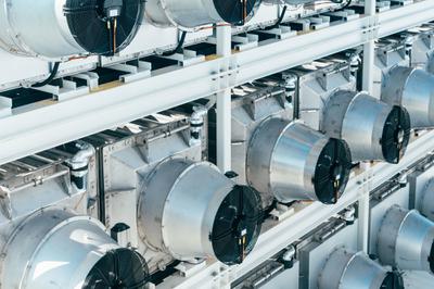 Intake fans at a direct air capture facility in Zurich, developed by the Swiss company ClimeWorks, that removes CO2 from the atmosphere.