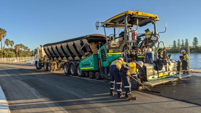 Asphalt with the additive TonerPlas, made from mixed soft plastics, is used to resurface a roadway in Fremantle, Western Australia, in 2020.