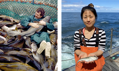 Left: A scientist holds a mature cod in 1987. Right: Biologist Kwi Young Han holding a mature cod today.