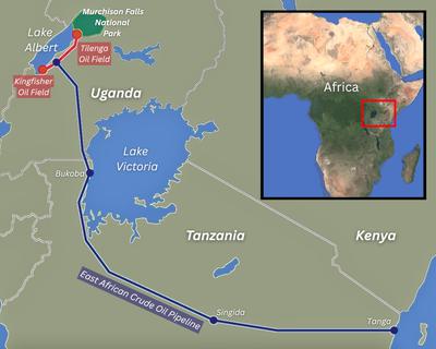The East African Crude Oil Pipeline will stretch 900 miles from Lake Albert in western Uganda to the Tanzanian port of Tanga on the Indian Ocean.