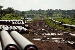 The East African Crude Oil Pipeline being installed in Kikuube, Uganda.