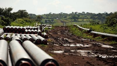 The East African Crude Oil Pipeline being installed in Kikuube, Uganda.