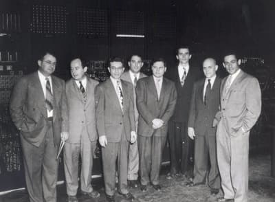 Scientists including John von Neumann, second to left, and Jule Charney, far right, used the ENIAC computer to make the first successful numerical weather prediction.