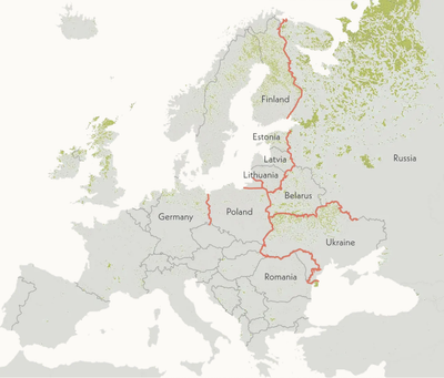 Scientists have proposed restoring and protecting peatlands (green) along key European borders (orange) to guard against Russian aggression. Sources: aeco, GRID-Arendal