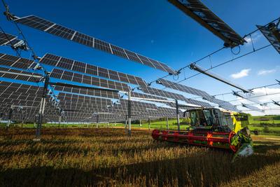 'Green Grab': Solar and Wind Boom Sparks Conflicts on Land Use A farmer harvests soybeans beneath hanging solar panels in Amance, France.