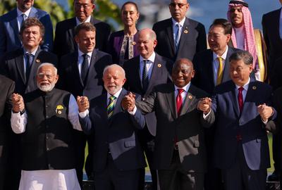 As U.S. and E.U. Retreat on Climate, China Takes the Leadership Role Indian Prime Minister Narendra Modi, Brazilian President Luiz Inácio Lula Da Silva, South African President Cyril Ramaphosa, and Chinese President Xi Jinping clasp hands at a 2024 summit of world leaders in Rio de Janeiro, Brazil.
