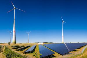 Wind turbines and solar panels in Bavaria, Germany.