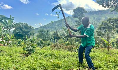 Francis Gidegi now grows crops that will slow the erosion of his land on Mount Elgon in Uganda.
