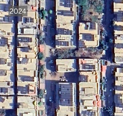 Satellite images of Sector G-13, a neighborhood in Islamabad, Pakistan, in 2022 and 2024. The area has seen an explosion of rooftop solar.