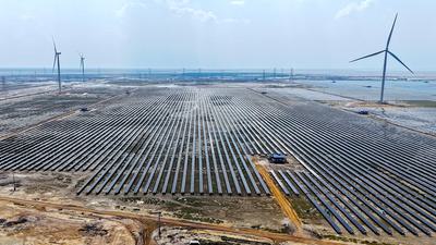 The Khavda solar park in India's Rann of Kutch salt marsh. When completed, it will be the world's largest solar installation.