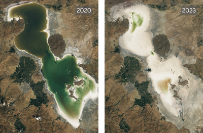 Lake Urmia in Iran in 2020 (left) and 2023 (right), after being desiccated by drought.