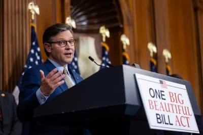 Speaker Mike Johnson speaks with reporters at the U.S. Capitol after the House passed the One Big Beautiful Bill Act, May 22.