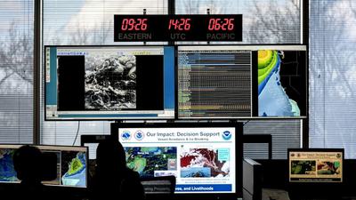Monitors at NOAA’s Weather and Climate Prediction headquarters in College Park, Maryland.