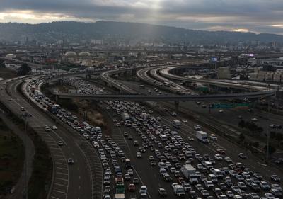 Traffic in Oakland, California. Cars and trucks are a major source of particulate pollution.