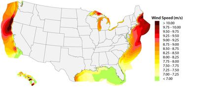 U.S. wind energy potential based on average wind speeds at 300 feet, the height of most turbines. The northeastern U.S. and Northern California coasts (in red) have the greatest potential.