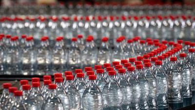 Plastic bottles at the Carola mineral water factory in Ribeauvillé, France.