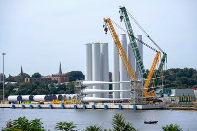 Wind turbine parts for the Revolution Wind project site at a port in New London, Connecticut, last month.