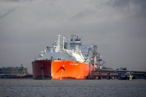 A liquefied natural gas tanker at the Sabine Pass export terminal in Cameron, Louisiana.