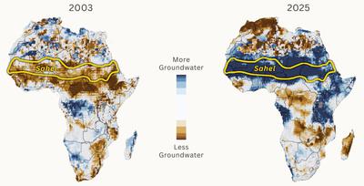 Shallow groundwater storage in February 2003 and February 2025, as compared to the average from 1948 to 2012. Source: NASA Gravity Recovery and Climate Experiment.