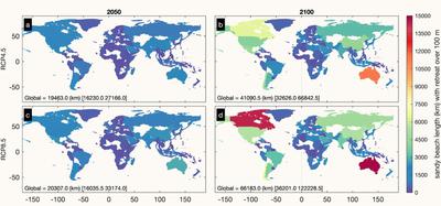 Per country length of sandy beach coastline which is projected to retreat by more than 100 m by 2050 and 2100 under moderate warming (RCP4.5) and worst-case warming (RCP8.5) scenarios.