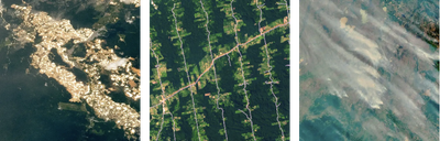 Satellite images show where the Amazon rainforest has been destroyed (left to right) by mining, farming, and fire.