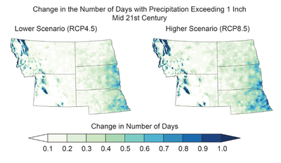 Projected changes are shown for the annual number of very hot days and heavy precipitation events in the mid-21st century.