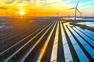 Wind turbines and solar panels in Yancheng, China.