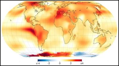 This map shows how much warmer, in degrees Celsius, the Earth was in the summer of 2023 as compared to the average summer from 1951 to 1980.