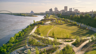 Tom Lee Park along the Mississippi River in Memphis, a project co-designed by Kate Orff's firm. Once a city dump, the site now supports native trees and other vegetation.