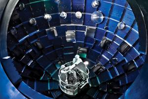 Technicians inspect a nuclear fusion ignition chamber at the Lawrence Livermore National Laboratory in Livermore, California.
