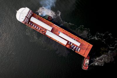 A ship carrying parts for the Vineyard Wind project arrives to New Bedford, Massachusetts.