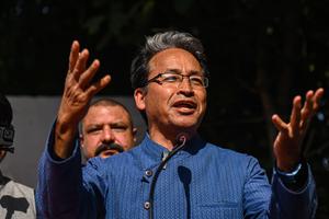Sonam Wangchuk addresses protesters demanding statehood for the Ladakh region of India, February 15, 2023.