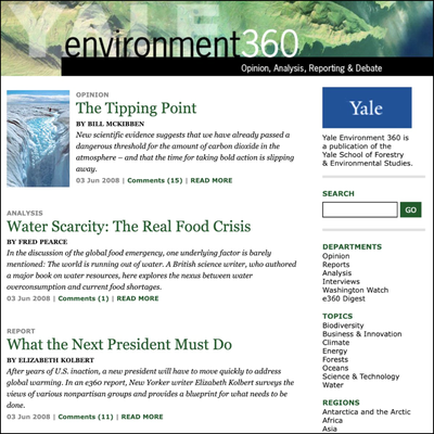 Yale Environment 360's first home page in June 2008.