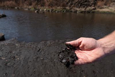 A thick layer of fire ash and sediment covers part of Mannus Creek in the Bogandyera Nature Reserve on February 24.