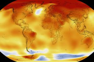 Global temperature anomalies in 2016, with red representing areas that were 2 degrees Celsius warmer than the 20th century mean, and blue 2 degrees below the mean.