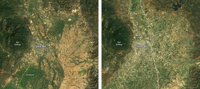 Chiang Mai, Thailand, in 1989 (left) and 2024 (right).
